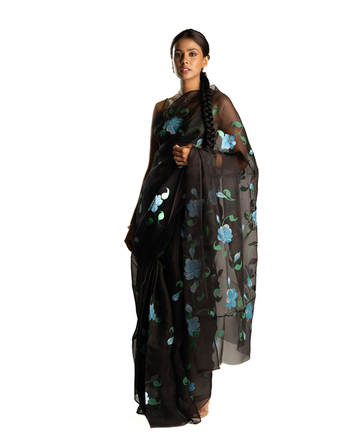 Black saree with blue handpainted roses.