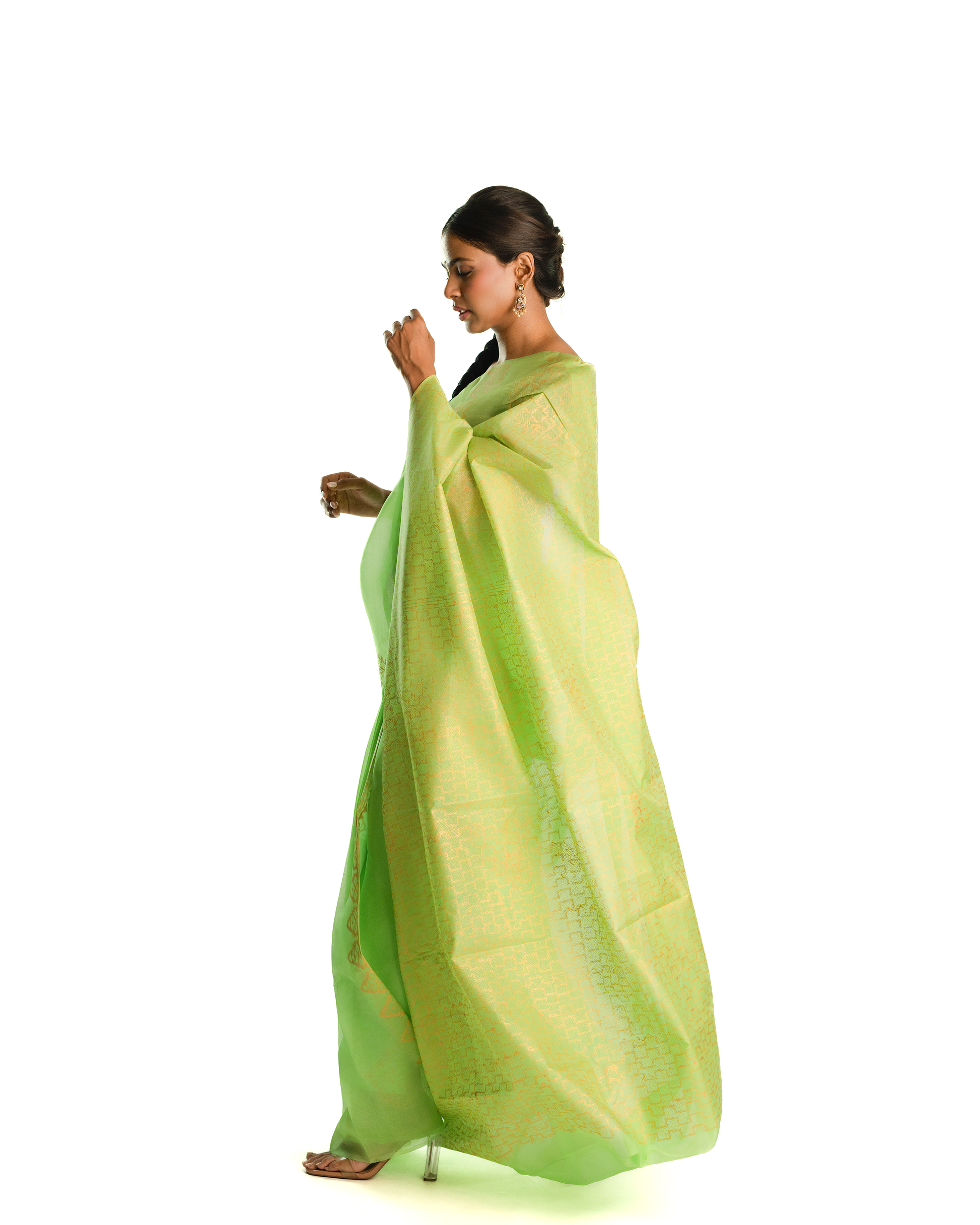 Woman wearing a green saree on a white background